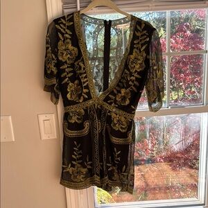 Black and Gold Floral Embroidered Romper